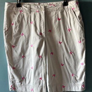 KIM ROGERS Women's Khaki Beige Pink Butterfly Chino 4-Pocket Shorts; Size 12P